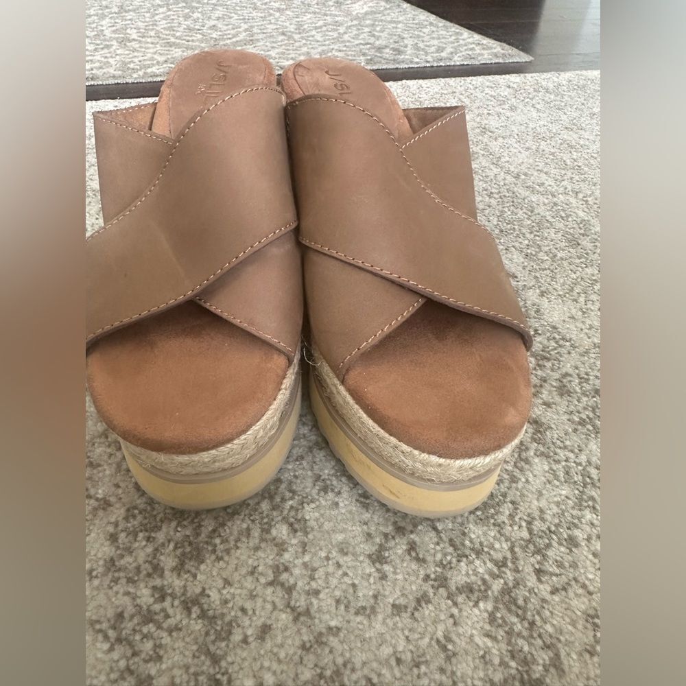 J. Slide Wedge Crisscross Strap Leather Sandals 7.5